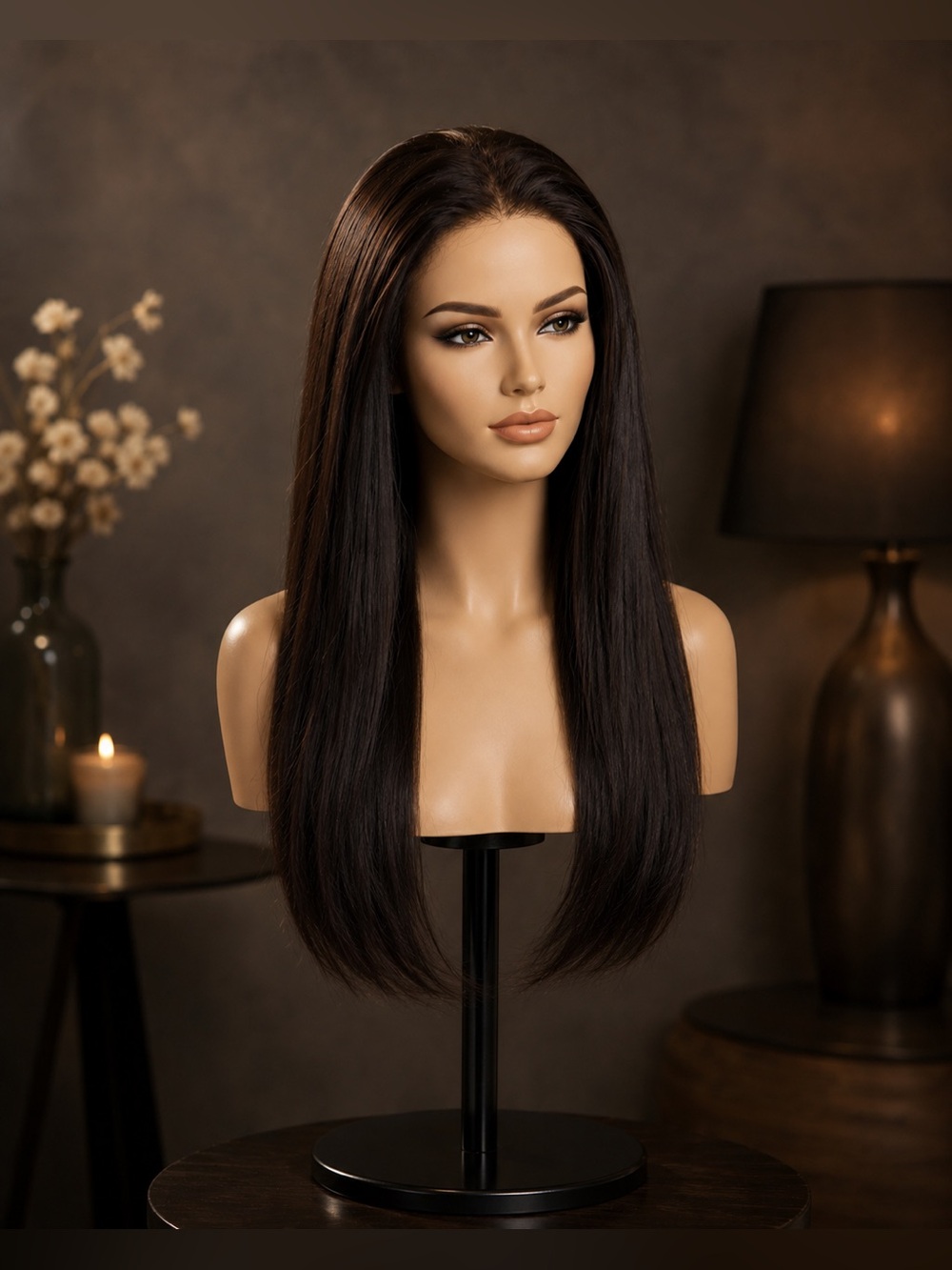 NEW IN PACKAGE Real Human Hair Wig Dark Brown 20in Long Purple Satin Storage Bag
